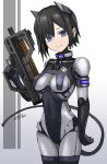  1girl black_hair blue_eyes bodysuit breasts commentary_request cyborg gun headgear highres holding holding_gun holding_weapon looking_at_viewer medium_breasts original short_hair signature skin_tight smile solo submachine_gun sunao_(70_the) tail trigger_discipline two-tone_background weapon 