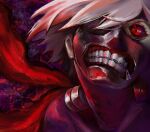  1boy bangs black_bodysuit black_sleeves bodysuit commentary_request grey_hair highres kagune_(tokyo_ghoul) kaneki_ken looking_at_viewer male_focus mask mouth_mask multicolored_background portrait red_eyes shiny shiny_clothes short_hair teeth teeth_print tokyo_ghoul wuming_(vkfu8353) zipper zipper_pull_tab 