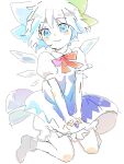  1girl :3 ankle_socks backlighting bangs bloomers blue_bow blue_dress blue_eyes blue_hair blush_stickers bow bowtie cirno closed_mouth dot_nose dress eyebrows_visible_through_hair eyes_visible_through_hair floating_hair frills full_body hair_bow ice ice_wings jaggy_line jumping large_bow legs_up looking_at_viewer machiko_(beard) no_shoes oekaki own_hands_clasped own_hands_together pinafore_dress puffy_short_sleeves puffy_sleeves red_bow red_bowtie short_dress short_hair short_sleeves simple_background sketch smile socks solo touhou underwear v_arms white_background white_bloomers white_legwear wing_collar wings 