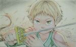  1boy 975bx blonde_hair capelet child close-up crayon_(medium) determined green_eyes highres holding holding_weapon japanese_clothes male_focus original short_hair solo sword traditional_media weapon 