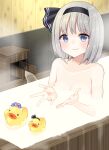  1girl bangs bare_shoulders bathing bathtub black_hairband blue_eyes blue_headwear blush bob_cut breasts cleavage closed_mouth collarbone commentary_request dot_nose eyebrows_visible_through_hair eyelashes fingernails hairband hat highres konpaku_youmu looking_at_viewer mob_cap objectification palms rubber_duck saigyouji_yuyuko shiny shiny_hair short_hair silver_hair sitting small_breasts smile solo stigma1101 touhou triangular_headpiece water wooden_floor wooden_wall 