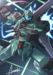  amasaki_yusuke artist_name beam_saber flying glowing gundam gundam_unicorn holding holding_sword holding_weapon looking_at_viewer mecha mobile_suit no_humans open_hand science_fiction solo space stark_jegan sword visor weapon 