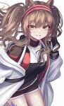  1girl angelina_(arknights) animal_ears arknights bangs blush brown_eyes brown_hair closed_mouth coat eyebrows_visible_through_hair fox_ears fox_girl gloves hakusai_ponzu jacket long_hair oripathy_lesion_(arknights) shorts solo twintails white_background 