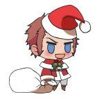  1boy :d alternate_costume blue_eyes blush brown_footwear brown_hair chibi christmas facial_hair fate/grand_order fate_(series) fur-trimmed_jacket fur_trim gift_bag goatee hat highres holding holding_sack jacket kkeiixxx long_sideburns long_sleeves male_focus meme napoleon_bonaparte_(fate) no_pupils padoru_(meme) pants red_headwear red_jacket red_pants sack santa_costume santa_hat sideburns smile solo white_background 