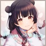  1girl bangs black_hair blunt_bangs border braid choker clenched_hand dated double_bun eyebrows_visible_through_hair frilled_choker frills fur-trimmed_shirt fur_trim grey_border hand_on_own_cheek hand_on_own_face happy_birthday heart heart_print idolmaster idolmaster_shiny_colors looking_at_viewer mayuzumi_fuyuko outside_border portrait shirt smile solo tobade_(tbdfactory) twintails white_choker yellow_eyes 