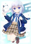  1girl backpack bag bangs black_legwear blue_eyes blue_hair blue_jacket blurry blurry_background blush brown_footwear brown_skirt character_hair_ornament clockwork_rabbit closed_mouth commentary_request depth_of_field eyebrows_visible_through_hair full_body gochuumon_wa_usagi_desu_ka? hair_between_eyes hair_ornament highres jacket kafuu_chino loafers long_sleeves multicolored_hair nakkar open_clothes open_jacket plaid plaid_skirt pleated_skirt robot shoes skirt sleeves_past_wrists smile socks solo star_(symbol) streaked_hair tippy_(gochiusa) twitter_username white_hair x_hair_ornament 