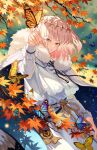  1boy autumn autumn_leaves blue_eyes bug butterfly butterfly_on_hand cape fate/grand_order fate_(series) fur-trimmed_cape fur_trim highres male_focus michi_(iawei) oberon_(fate) smile tunic 