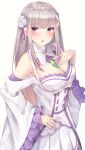  1girl absurdres bangs breasts emilia_(re:zero) hair_ornament highres long_hair looking_at_viewer pointy_ears purple_eyes re:zero_kara_hajimeru_isekai_seikatsu silver_hair solo yuunamida_uyu 