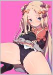  1girl abigail_williams_(fate) ass_visible_through_thighs bangs black_legwear black_panties black_sweater blonde_hair blue_eyes blush bow bow_panties bowtie caburi cameltoe clothes_lift collared_shirt commentary_request fate/grand_order fate_(series) grey_skirt hair_bow highres holding holding_stuffed_toy lifted_by_self loafers long_hair looking_at_viewer multiple_bows multiple_hair_bows orange_bow panties parted_bangs pink_background polka_dot polka_dot_bow purple_bow shirt shoes skirt skirt_lift sleeves_past_wrists smile socks solo spread_legs stuffed_animal stuffed_toy sweater teddy_bear thighs underwear very_long_hair 