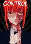  1girl absurdres bangs black_background black_jacket black_necktie chain chainsaw_man collared_shirt enkyo hand_up highres jacket long_hair looking_at_viewer makima_(chainsaw_man) necktie portrait red_hair shirt solo white_shirt yellow_eyes 