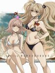  2girls backpack bag bangs bare_arms bear_hair_ornament bikini blonde_hair blunt_bangs bow breasts brown_hair cleavage collarbone copyright_name criis-chan cup danganronpa:_trigger_happy_havoc danganronpa_(series) danganronpa_2:_goodbye_despair danganronpa_s:_ultimate_summer_camp enoshima_junko eyebrows_visible_through_hair feet_out_of_frame flipped_hair galaga glass hair_ornament hand_on_hip holding holding_cup invisible_chair long_hair mole mole_on_breast multiple_girls nail_polish nanami_chiaki navel official_alternate_costume palm_tree red_bow red_nails sitting smile stomach sunset swimsuit tree twintails twitter_username water 