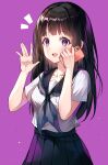  1girl :d bangs black_hair black_sailor_collar black_skirt blush breasts chitanda_eru collarbone eyebrows_visible_through_hair hands_up highres holding holding_phone hyouka kamiyama_high_school_uniform large_breasts long_hair neckerchief notice_lines nri phone pink_background pleated_skirt purple_eyes sailor_collar school_uniform serafuku shiny shiny_hair shirt simple_background skirt smile solo symbol-only_commentary teeth upper_teeth white_shirt 