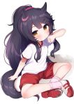  1girl animal_ears arm_up bandaid bandaid_on_leg bandaid_on_nose black_hair blush brown_eyes crossed_legs gym_uniform hand_to_own_mouth highres horse_ears horse_girl horse_tail horseshoe long_hair narita_brian_(umamusume) pink_footwear ponytail red_shorts shirt shoes short_sleeves shorts simple_background socks solo tail umamusume very_long_hair white_background white_footwear white_shirt yinpa_(wanone500511) younger 