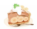  banana_slice bird chai food_focus fork garnish no_humans original pie_slice plate simple_background whipped_cream white_background 