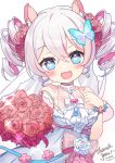  1girl :d artist_name blue_eyes blush bouquet breasts butterfly_hair_ornament dated drill_hair flower hair_flower hair_ornament heart heart-shaped_pupils kkkula_(kula) original simple_background small_breasts smile symbol-shaped_pupils thank_you white_background 