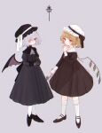  2girls alternate_costume ascot bangs bat_wings black_dress black_footwear black_gloves black_headwear black_ribbon blonde_hair blue_hair commentary cross crystal dress flandre_scarlet flower full_body gloves grey_ascot grey_background hat highres holding holding_cross holding_flower kneehighs long_sleeves mob_cap multiple_girls neckerchief one_side_up red_dress red_eyes red_footwear remilia_scarlet ribbon shoes short_hair siblings sisters sleeve_cuffs symbol-only_commentary touhou white_headwear white_legwear white_ribbon wings yellow_neckerchief yujup 