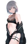  1girl bare_shoulders black_jacket black_shorts blue_eyes breasts cleavage closed_mouth commentary_request grey_hair highres jacket looking_at_viewer navel off_shoulder ogami_ren open_clothes open_jacket original short_shorts shorts simple_background small_breasts solo thigh_strap white_background 