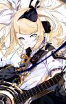  1girl absurdres black_bow black_shirt black_skirt blonde_hair blue_eyes bow expressionless guitar hair_bow highres instrument kagamine_rin kagamine_rin_(roshin_yuukai/hard_rkmix) looking_to_the_side maimuro medium_hair roshin_yuukai_(vocaloid) shirt short_sleeves shoulder_strap skirt solo tsurime twintails upper_body vocaloid white_bow white_shirt 