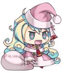  +_+ 1girl :d blush_stickers capelet chibi christmas coat commentary fur-trimmed_capelet fur_trim green_eyes green_hair hat holding holding_sack long_hair long_sleeves lowres meme nia_teppelin open_mouth padoru_(meme) pink_capelet pink_coat pink_headwear sack santa_hat simple_background smile solo standing tengen_toppa_gurren_lagann tifa_amakura twitter_username white_background 