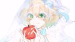  1girl apple bangs blue_bow blush bow bridal_veil food freyja_wion fruit green_eyes hair_between_eyes hair_bow hair_ornament heart heart_hair_ornament holding holding_food holding_fruit macross macross_delta orange_hair portrait runacha short_hair smile solo veil white_background 