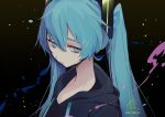  1girl aqua_eyes aqua_hair black_background black_hoodie commentary dated expressionless hair_ornament half-closed_eyes hatsune_miku highres hood hoodie looking_at_viewer signature solo splatter twintails upper_body vocaloid wanaxtuco 