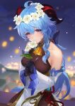  1girl ahoge bangs bare_shoulders bell black_gloves blue_hair blurry blurry_background breasts commentary depth_of_field detached_sleeves dress eating eyebrows_visible_through_hair flower flower_in_mouth ganyu_(genshin_impact) genshin_impact gloves hair_between_eyes head_wreath highres holding holding_flower horns long_hair long_sleeves looking_at_viewer medium_breasts nima_(niru54) outdoors purple_eyes qingxin_flower sleeveless sleeveless_dress smile solo upper_body very_long_hair vision_(genshin_impact) white_flower wide_sleeves 