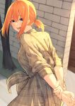  1girl absurdres arms_behind_back blue_eyes blush brown_jacket check_commentary commentary commentary_request dating day go-toubun_no_hanayome highres holding_hands jacket looking_at_viewer looking_back medium_hair nakano_yotsuba orange_hair outdoors solo standing tamago_sando wall 