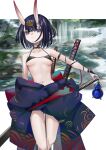  1girl absurdres bangs bare_shoulders bikini black_bikini blunt_bangs bob_cut breasts bridal_gauntlets commentary fate/grand_order fate_(series) hair_between_horns hair_ornament highres horns japanese_clothes jewelry katana kimono looking_at_viewer navel off_shoulder oni oni_horns outdoors pointy_ears purple_eyes purple_hair purple_kimono san_(harutuki_3) short_hair shuten_douji_(fate) skin-covered_horns small_breasts solo swimsuit sword water weapon 