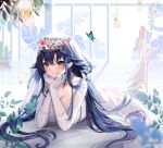  1girl absurdres azuma_(azur_lane) azuma_(lily-white_longing)_(azur_lane) azur_lane black_hair breasts bridal_veil bug butterfly cleavage collarbone detached_collar dress feet gloves head_wreath highres hyoin large_breasts legs legs_up light_bulb long_hair looking_at_viewer lying no_shoes on_stomach pantyhose smile soles solo toes veil very_long_hair wedding_dress white_dress white_gloves white_legwear yellow_eyes 