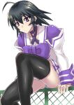  1girl ayamine_kei bangs black_hair black_legwear blue_panties blush bow collarbone eyebrows_visible_through_hair fence hakuryou_high_school_uniform highres juliet_sleeves long_sleeves looking_at_viewer medium_hair minarai muvluv muvluv_alternative panties puffy_sleeves purple_bow purple_eyes school_uniform sitting skirt solo thighhighs underwear white_background white_skirt 