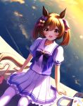  1girl animal_ears bag bangs blush bow breasts brown_hair collarbone commentary_request feet_out_of_frame hair_bow handbag highres horse_ears horse_girl horse_tail kashmir_0808 looking_at_viewer medium_breasts outdoors pleated_skirt puffy_short_sleeves puffy_sleeves purple_bow purple_shirt reflection reflective_water ripples sailor_collar school_uniform shadow shirt short_sleeves sitting skirt smart_falcon_(umamusume) smile solo sunset tail thighhighs tracen_school_uniform twintails umamusume umbrella white_legwear white_skirt yellow_eyes 