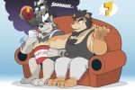  2boys ? alca animal_ears bara beard beenic black_tank_top casual chest_hair chibi commission couch dog_boy dog_ears english_text evil_smile facial_hair finger_to_mouth food full_body furry furry_male glasses grey_fur grey_hair gyee hikaze_(hikazedragon) lion_boy lion_ears male_focus mature_male multiple_boys muscular muscular_male on_couch original pectorals popcorn prank second-party_source short_hair shushing sidepec sigh smile tank_top two-tone_fur white_tank_top 
