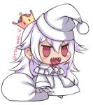  1girl :d bangs blush_stickers chibi commentary crown english_commentary hair_between_eyes hat holding holding_sack long_hair long_sleeves lowres luigi&#039;s_mansion mario_(series) meme new_super_mario_bros._u_deluxe open_mouth padoru_(meme) princess_king_boo red_eyes sack santa_hat sharp_teeth simple_background smile solo standing super_crown teeth tifa_amakura tongue white_background white_hair white_headwear 