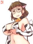  1girl alternate_costume animal_ears animal_print artist_logo bangs bell bikini blunt_bangs breasts brown_eyes brown_hair commentary_request cow_ears cow_horns cow_print cow_tail cowbell dated elbow_gloves fake_animal_ears fake_horns front-tie_top glasses gloves horns kanon_(kurogane_knights) kantai_collection large_breasts looking_at_viewer one-hour_drawing_challenge pince-nez roma_(kancolle) shaded_face simple_background solo swimsuit tail upper_body wavy_hair white_background white_bikini white_gloves 