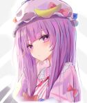  1girl :/ absurdres bangs blunt_bangs blush bright_pupils crescent crescent_hat_ornament eyebrows_visible_through_hair hat hat_ornament highres long_hair lshiki mob_cap patchouli_knowledge purple_eyes purple_hair simple_background solo striped touhou upper_body vertical_stripes white_background 