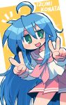  1girl :3 absurdres ahoge bangs blue_hair blush_stickers bright_pupils character_name commentary_request double_v eyebrows_visible_through_hair green_eyes green_pupils hair_between_eyes highres izumi_konata jaggy_line long_hair long_sleeves looking_to_the_side lucky_star mole mole_under_eye neckerchief notice_lines open_mouth pink_neckerchief pink_sailor_collar pink_skirt pleated_skirt rariatto_(ganguri) ryouou_school_uniform sailor_collar school_uniform serafuku skirt smile solo standing v very_long_hair 