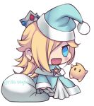  1girl :d aqua_capelet aqua_coat aqua_headwear blonde_hair blue_eyes blush_stickers capelet chibi christmas coat commentary crown english_commentary fur-trimmed_capelet fur_trim hair_over_one_eye hat holding holding_sack long_hair long_sleeves lowres luma_(mario) mario_(series) meme open_mouth padoru_(meme) rosalina sack santa_hat simple_background smile solo standing tifa_amakura twitter_username white_background 