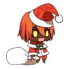  1boy :d alternate_costume ashwatthama_(fate) bangs blush brown_footwear chibi christmas dark-skinned_male dark_skin fate/grand_order fate_(series) fur-trimmed_jacket fur_trim gift_bag hat highres holding holding_sack jacket kkeiixxx long_sleeves male_focus meme no_pupils orange_hair padoru_(meme) pants red_headwear red_jacket red_pants sack santa_costume santa_hat smile solo white_background yellow_eyes 