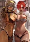  2girls abs bangs bare_shoulders bikini black_bikini black_gloves blue_eyes boudica_(fate) breasts chain cleavage crown cuffs dark-skinned_female dark_skin elbow_gloves fate/grand_order fate_(series) gloves green_eyes grey_hair highleg highleg_bikini jewelry jikihatiman large_breasts long_hair long_sleeves looking_at_viewer multiple_girls navel neck_ring o-ring open_mouth red_hair short_hair short_ponytail shrug_(clothing) swimsuit thigh_strap thighs white_bikini zenobia_(fate) 