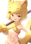  1girl :3 absurdres ajimaxxxxxx animal_hands bangs bell blonde_hair blush bottomless breasts commentary_request cowboy_shot eyebrows_visible_through_hair fang fox_girl fox_hat fox_tail halter_top halterneck highres holding holding_staff looking_at_viewer moonlight_flower navel open_mouth ragnarok_online ragnarok_origin red_eyes short_hair simple_background small_breasts smile solo staff tail white_background 