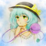  1girl alternate_costume aqua_hair blue_background blush cropped_torso eyebrows_visible_through_hair green_eyes hand_on_own_chin hat highres komeiji_koishi looking_to_the_side medium_hair parted_lips q-bee_(aaru) simple_background solo third_eye touhou traditional_media upper_body 