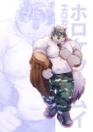  1boy absurdres adjusting_clothes adjusting_shirt animal_ears arm_hair bara belly bulge camouflage camouflage_pants casual chest_hair covered_navel covered_nipples daisukebear full_body furry furry_male grey_fur grey_hair headband highres holding holding_clothes holding_jacket horkeu_kamui jacket jacket_removed large_pectorals leather leather_jacket light_blush looking_at_viewer male_focus multicolored_hair muscular muscular_male pants pectorals plump projected_inset shirt shoes short_hair silver_hair smile sneakers solo_focus tail thick_thighs thighs tokyo_afterschool_summoners two-tone_fur two-tone_hair walking white_fur wolf_boy wolf_ears wolf_tail yellow_eyes 