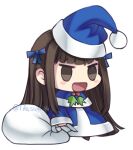  1girl :d blue_capelet blue_coat blue_headwear blush_stickers brown_eyes brown_hair capelet chibi christmas coat commentary fruits_basket fur-trimmed_capelet fur_trim hat holding holding_sack honda_tooru long_hair long_sleeves lowres meme open_mouth padoru_(meme) sack santa_hat sidelocks simple_background smile solo standing tifa_amakura twitter_username white_background 