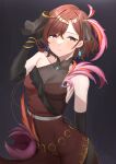  1girl black_background black_gloves breasts brown_hair cleavage closed_mouth dress elbow_gloves gloves hair_ornament highres higuchi_madoka idolmaster idolmaster_cinderella_girls idolmaster_shiny_colors large_breasts looking_at_viewer purple_eyes short_hair shougun_(chuckni1) simple_background solo 
