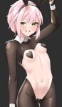  1girl animal_ears arm_up artist_name black_background black_bodysuit bodysuit breasts commentary cowboy_shot dated_commentary eyebrows_visible_through_hair fake_animal_ears heart_pasties maebari meme_attire navel original parted_lips pasties pink_hair rabbit_ears reverse_bunnysuit reverse_outfit short_hair simple_background skeptycally small_breasts smile solo stomach yellow_eyes 