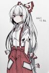 1girl absurdres bangs bow closed_mouth collared_shirt dated eyebrows_visible_through_hair fujiwara_no_mokou hair_bow hands_in_pockets highres long_hair looking_at_viewer multiple_bows ofuda ofuda_on_clothes pants red_eyes red_pants shirt short_sleeves simple_background solo standing suspenders touhou white_background white_shirt yonoisan 