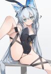  1girl ? alternate_costume animal_ear_fluff animal_ears arknights ass breasts cameltoe cat_ears cat_tail crotchless crotchless_leotard expressionless green_eyes grey_background grey_hair highres leg_lift lifted_by_self long_hair looking_at_viewer mikojin on_table oversized_breast_cup playboy_bunny pussy rabbit_ears rosmontis_(arknights) simple_background sitting small_breasts solo spread_legs table tail thigh_strap uncensored very_long_hair wristband 