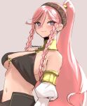 1girl alternate_costume artist_name bikini black_bikini black_hairband blush braid breasts cleavage commentary dancer dated_commentary fire_emblem fire_emblem_awakening fire_emblem_heroes grey_background hairband long_hair looking_at_viewer medium_breasts navel official_alternate_costume olivia_(fire_emblem) original pink_eyes pink_hair ponytail simple_background skeptycally solo swimsuit twin_braids upper_body 