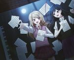  2girls :d ahoge akamatsu_kaede bangs black_hair black_vest blonde_hair breasts brown_necktie collared_shirt cowboy_shot danganronpa_(series) danganronpa_v3:_killing_harmony eyebrows_visible_through_hair hair_ornament highres long_hair long_sleeves lying mari_(omori) multiple_girls musical_note musical_note_hair_ornament musical_note_print necktie omori on_back paper pink_vest porary shiny shirt short_sleeves skirt smile spoilers teeth upper_teeth vest white_shirt 