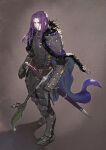  1boy bangs belt brown_background cape clenched_hand commentary_request commission full_body fur_trim gauntlets grey_eyes high_collar highres jun_(seojh1029) knight long_hair looking_at_viewer original parted_bangs purple_hair serious sheath sheathed simple_background skeb_commission standing sword weapon 